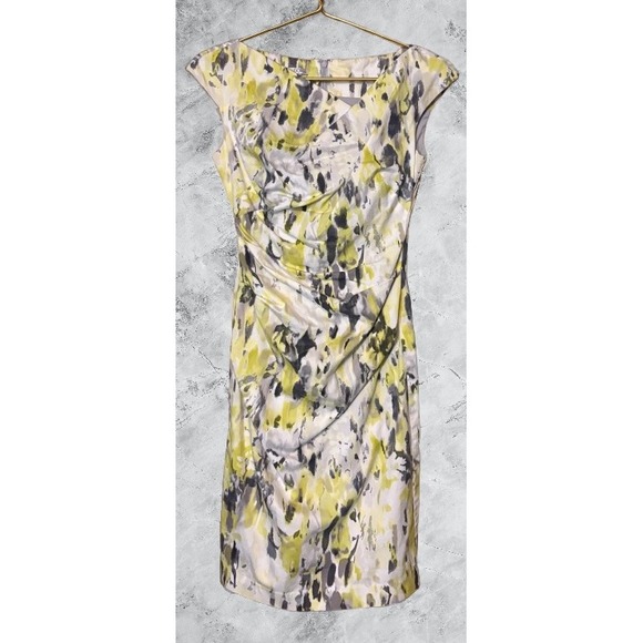Maggy London Dresses & Skirts - Maggy London Yellow Grey Abstract Watercolor Ruched Sheath Dress Size 2 58142